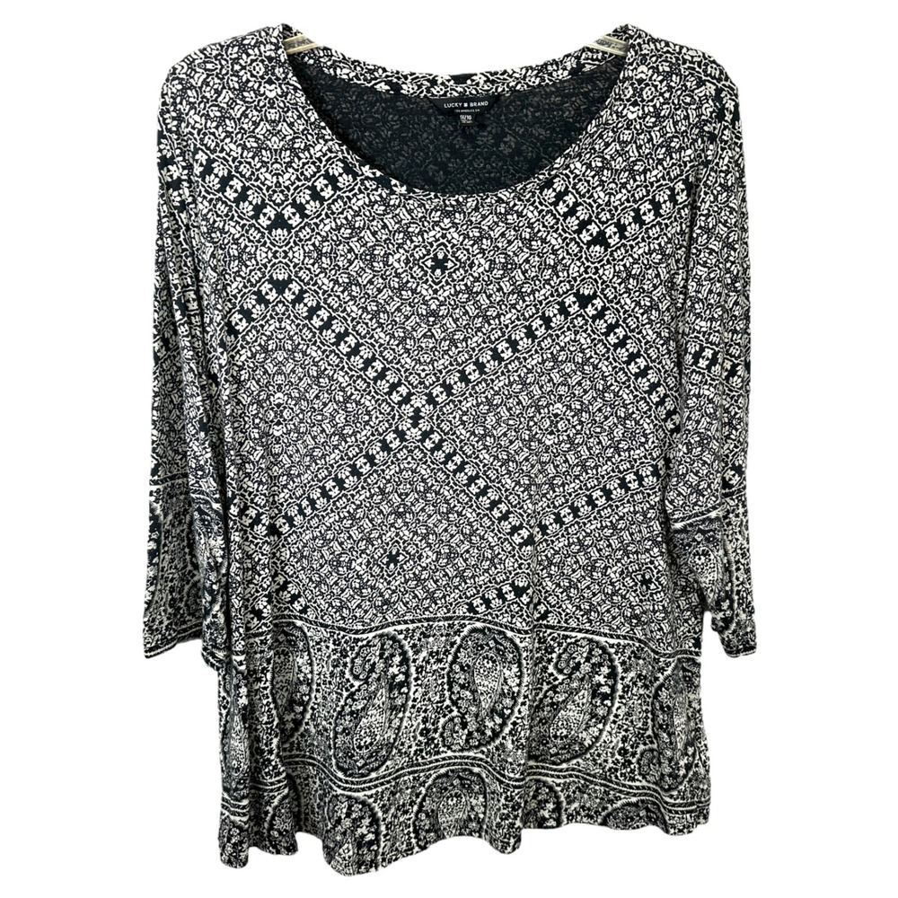 Lucky Brand Plus Size 1X Top Black White Paisley Tunic 3/4 Sleeve Boho Artsy 979